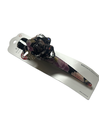 Hair Accessory Acrylic Hair Clip 3-prong Clip Japanese Pattern Flower Black