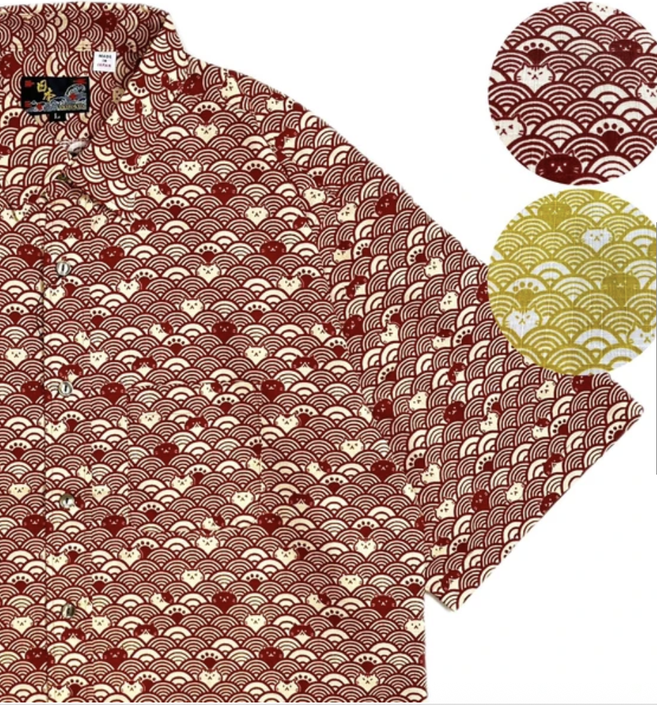 Japanese-Style Short-Sleeve Shirt Wave Cat (RED)