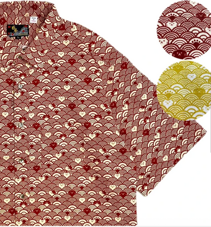 Japanese-Style Short-Sleeve Shirt Wave Cat (RED)