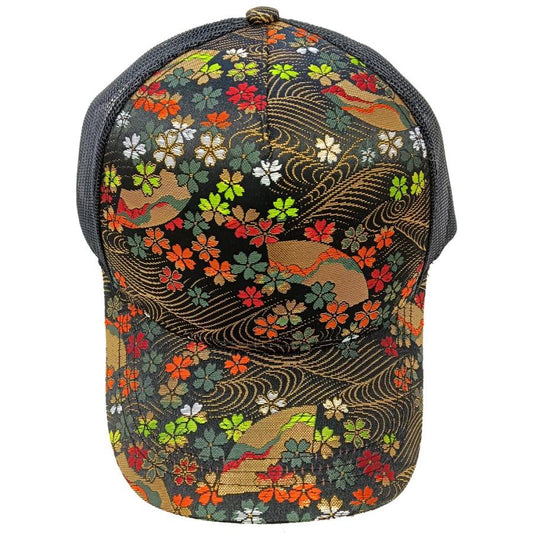 Kinran Mesh Cap Crane Wave Cherry Blossoms and Fan