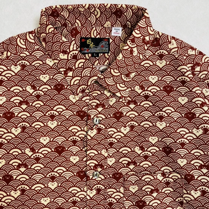 Japanese-Style Short-Sleeve Shirt Wave Cat (RED)