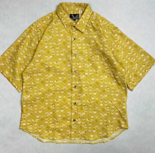 Japanese-Style Short-Sleeve Shirt Wave Cat (Yellow)