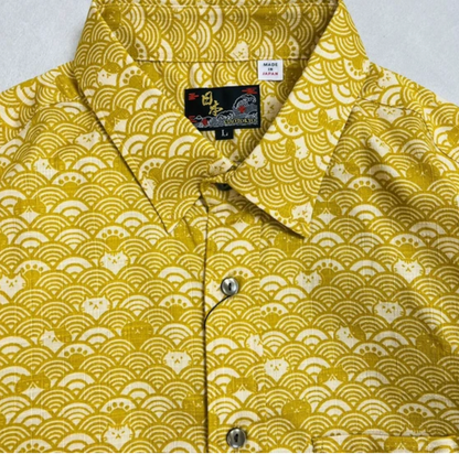Japanese-Style Short-Sleeve Shirt Wave Cat (Yellow)