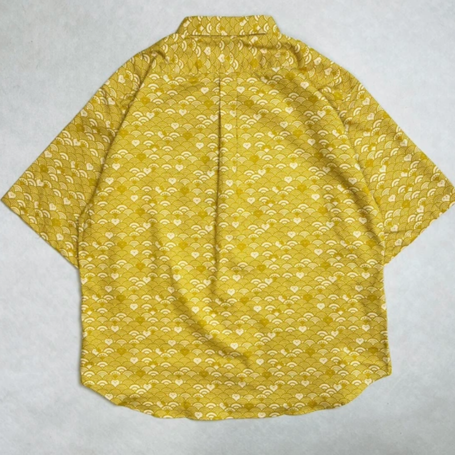 Japanese-Style Short-Sleeve Shirt Wave Cat (Yellow)